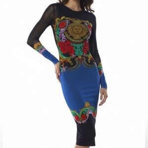 Versace Jeans Couture Blue Baroque-Print Long Sleeve Bodycon Dress
